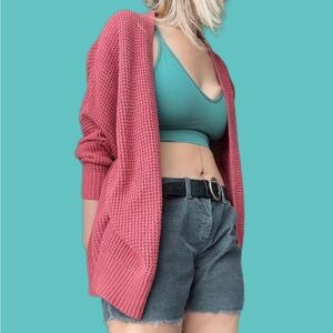 American Eagle Outfitters Rose Pink Waffle Knit Open-Front Cardigan